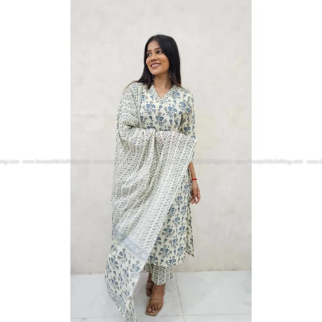 IVORY BLUE FLORAL COTTON KURTA SET