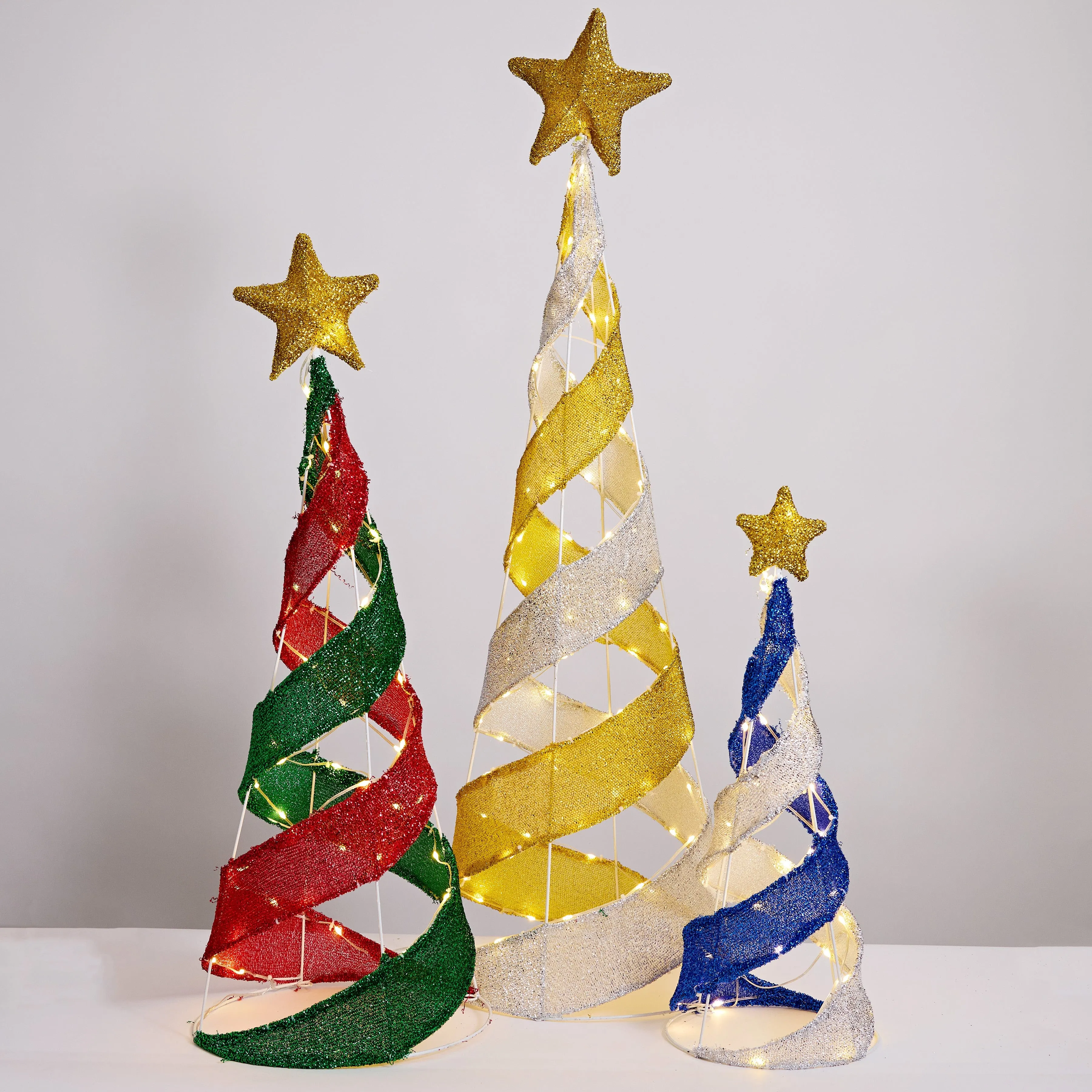 LED Mesh Tinsel Striped Cone Tree (3pc)