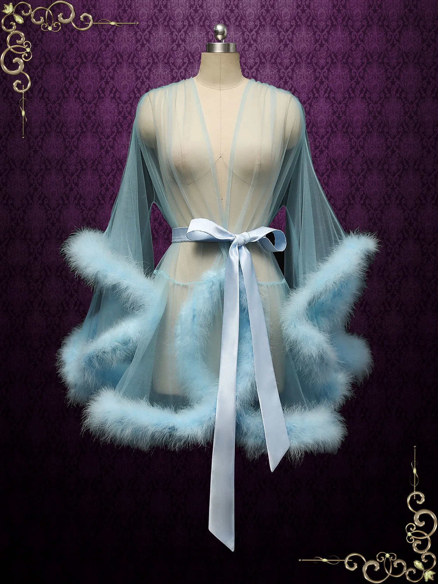 Light Blue Honeymoon Wedding Marabou Fur Edge Boudoir Robe CICI