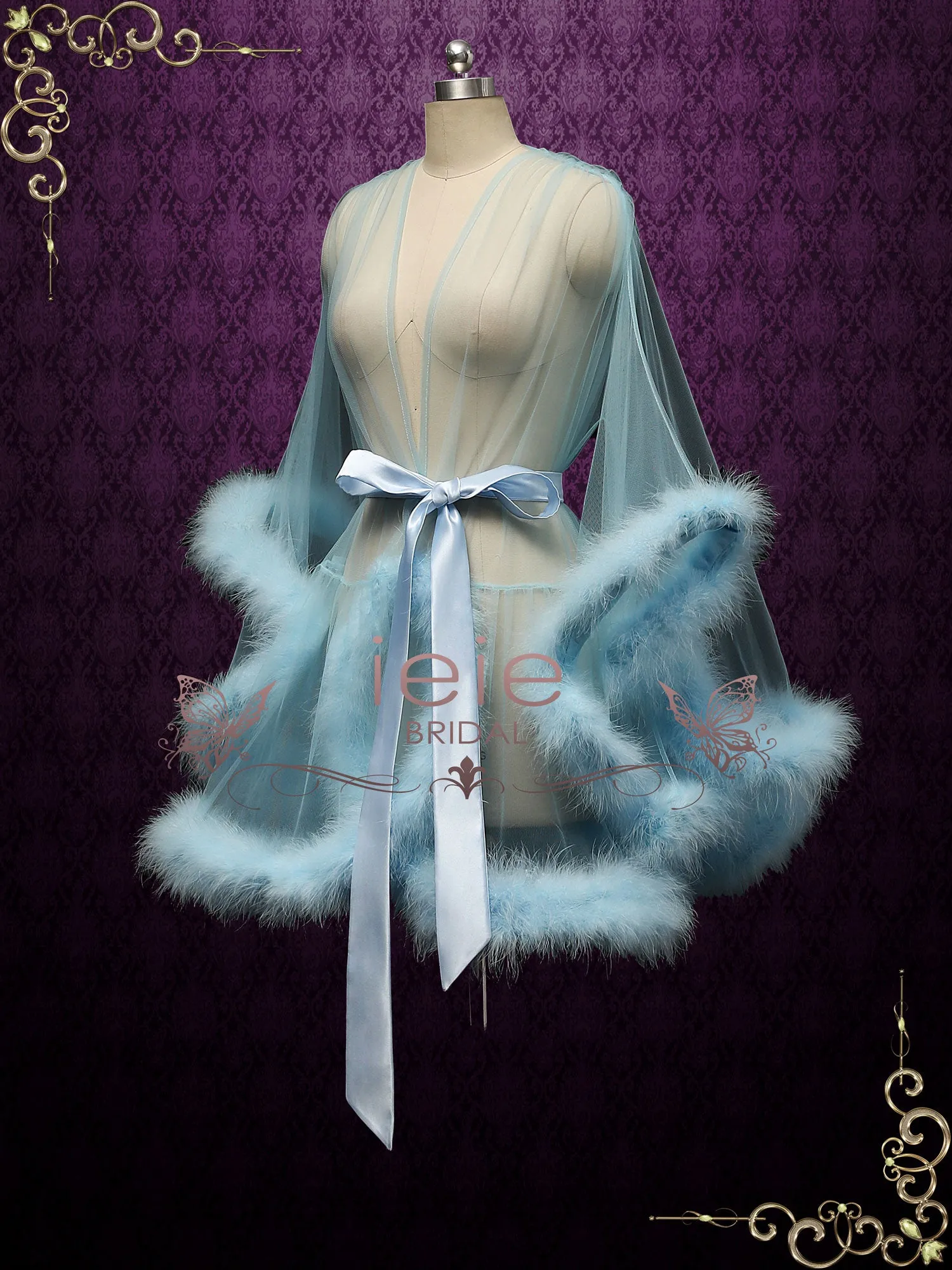 Light Blue Honeymoon Wedding Marabou Fur Edge Boudoir Robe CICI