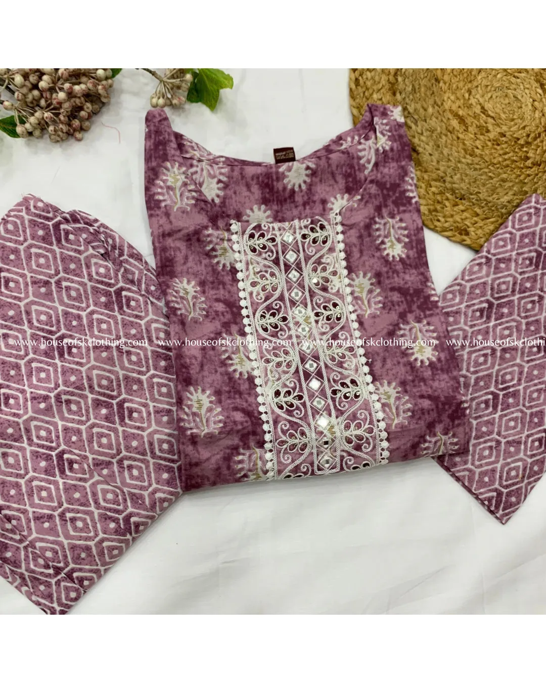 Lilac Cotton Printed Kurta Set