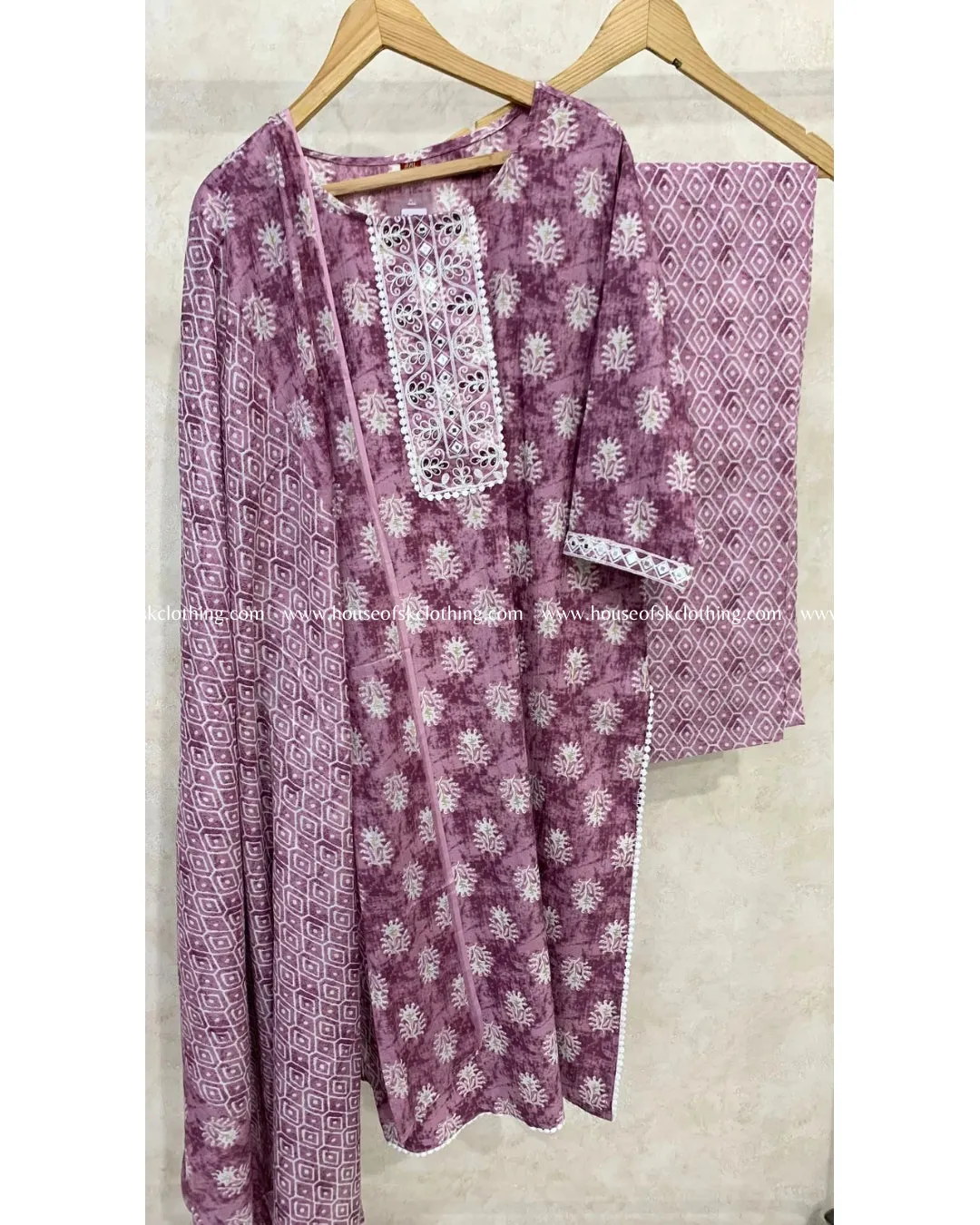 Lilac Cotton Printed Kurta Set