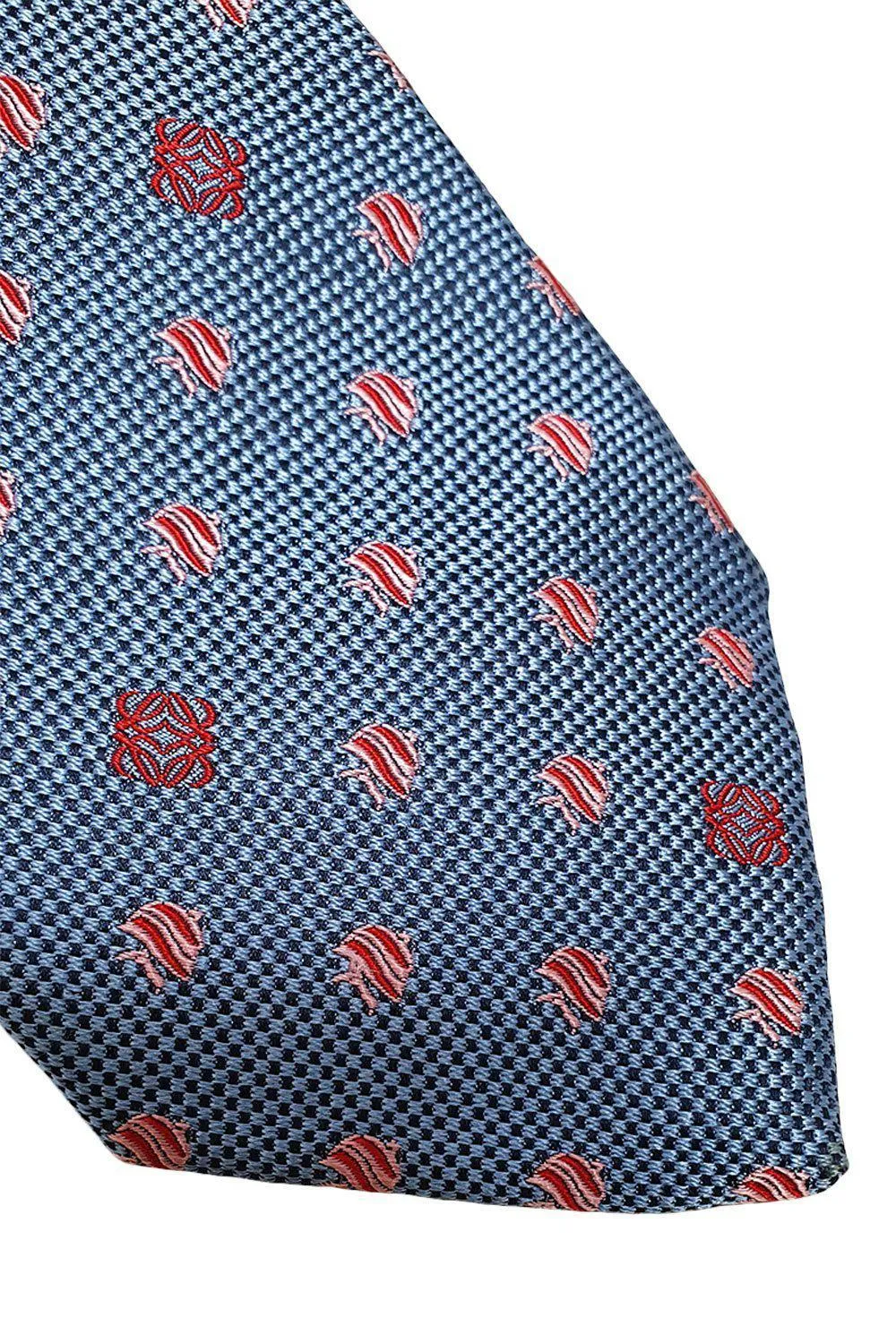 LOEWE 100% Silk Sky Blue Tie Pink Logo Fish Repeat (60" L | 3.4" W)