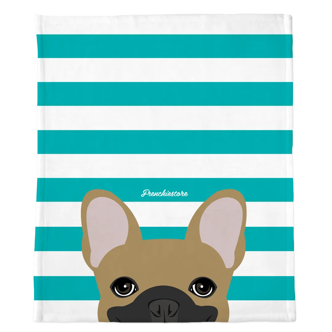 Masked Fawn French Bulldog on Teal Stripes | Frenchie Blanket