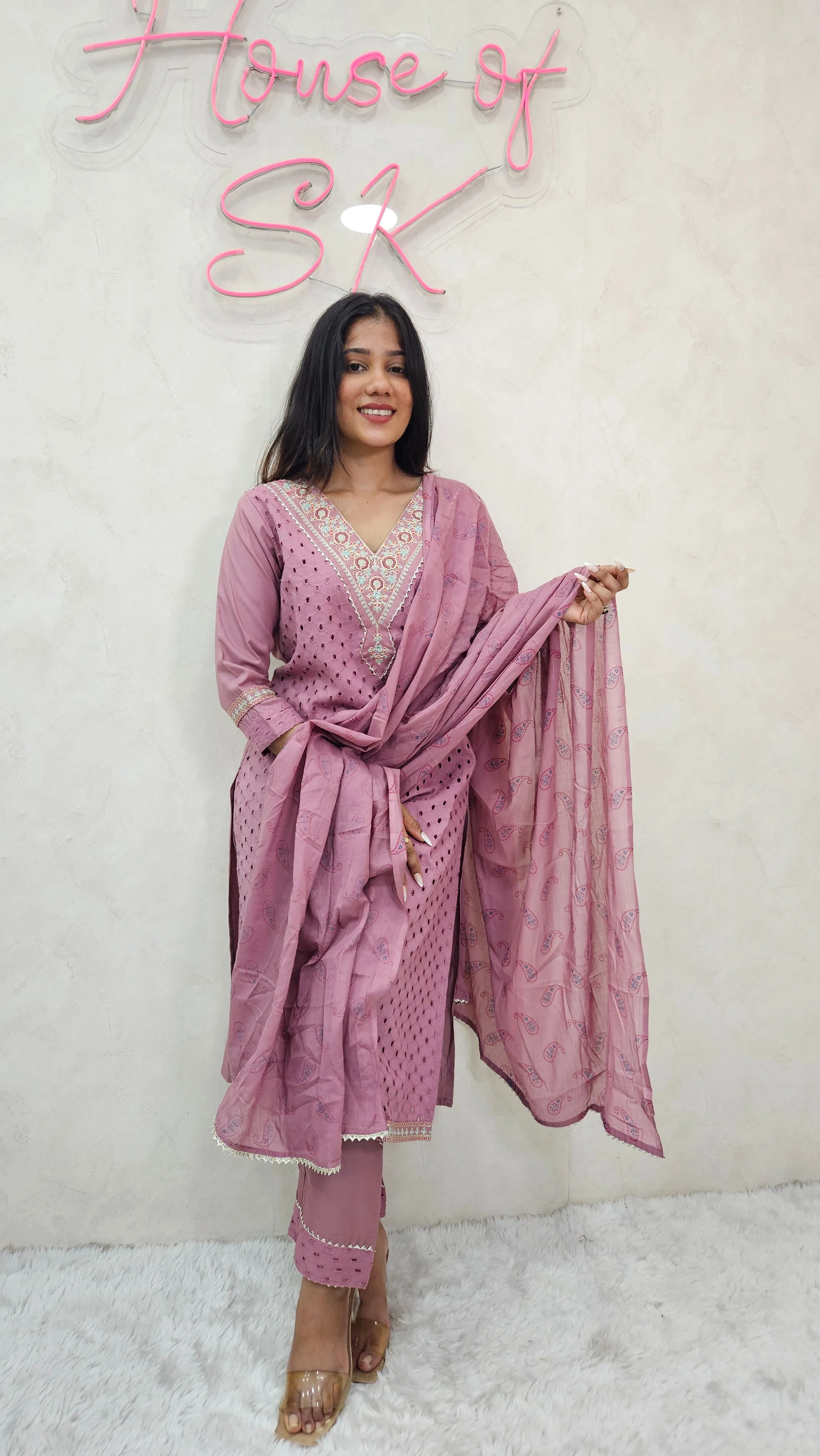 MAUVE PINK HAKOBA COTTON KURTA SET