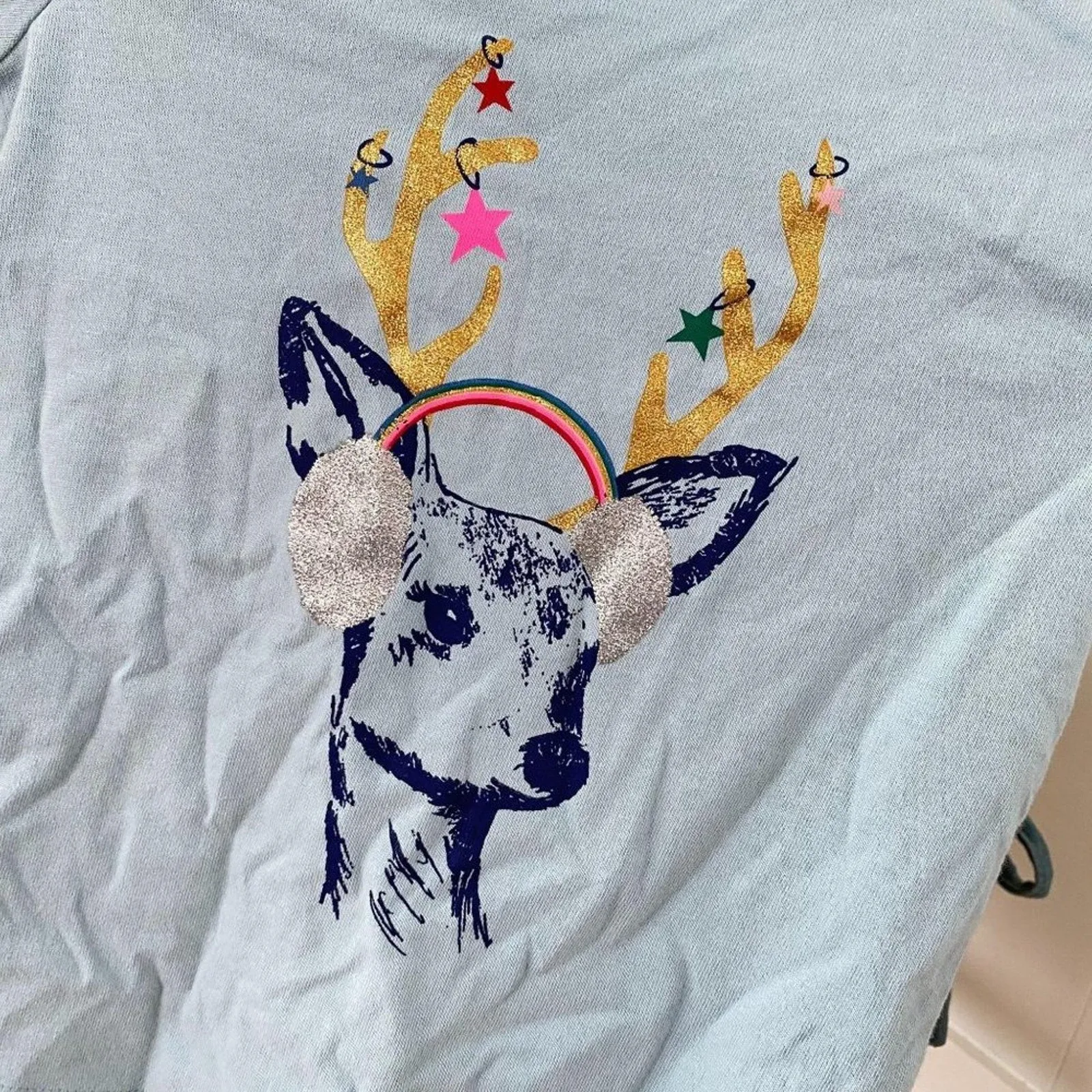 Mini Boden Light Blue Reindeer Tee 3-4 NWT