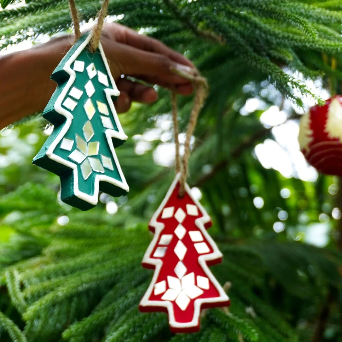 Miniature Christmas Tree Shaped Handcrafted Mud Art Lippan Tree Ornaments (Set of 3)