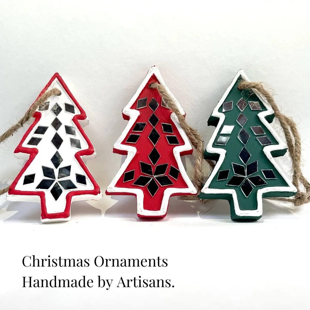 Miniature Christmas Tree Shaped Handcrafted Mud Art Lippan Tree Ornaments (Set of 3)