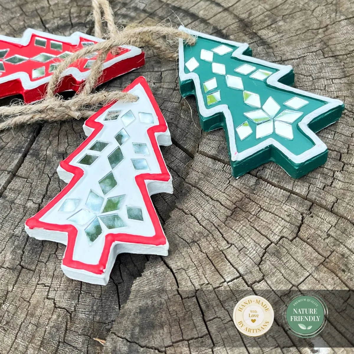 Miniature Christmas Tree Shaped Handcrafted Mud Art Lippan Tree Ornaments (Set of 3)