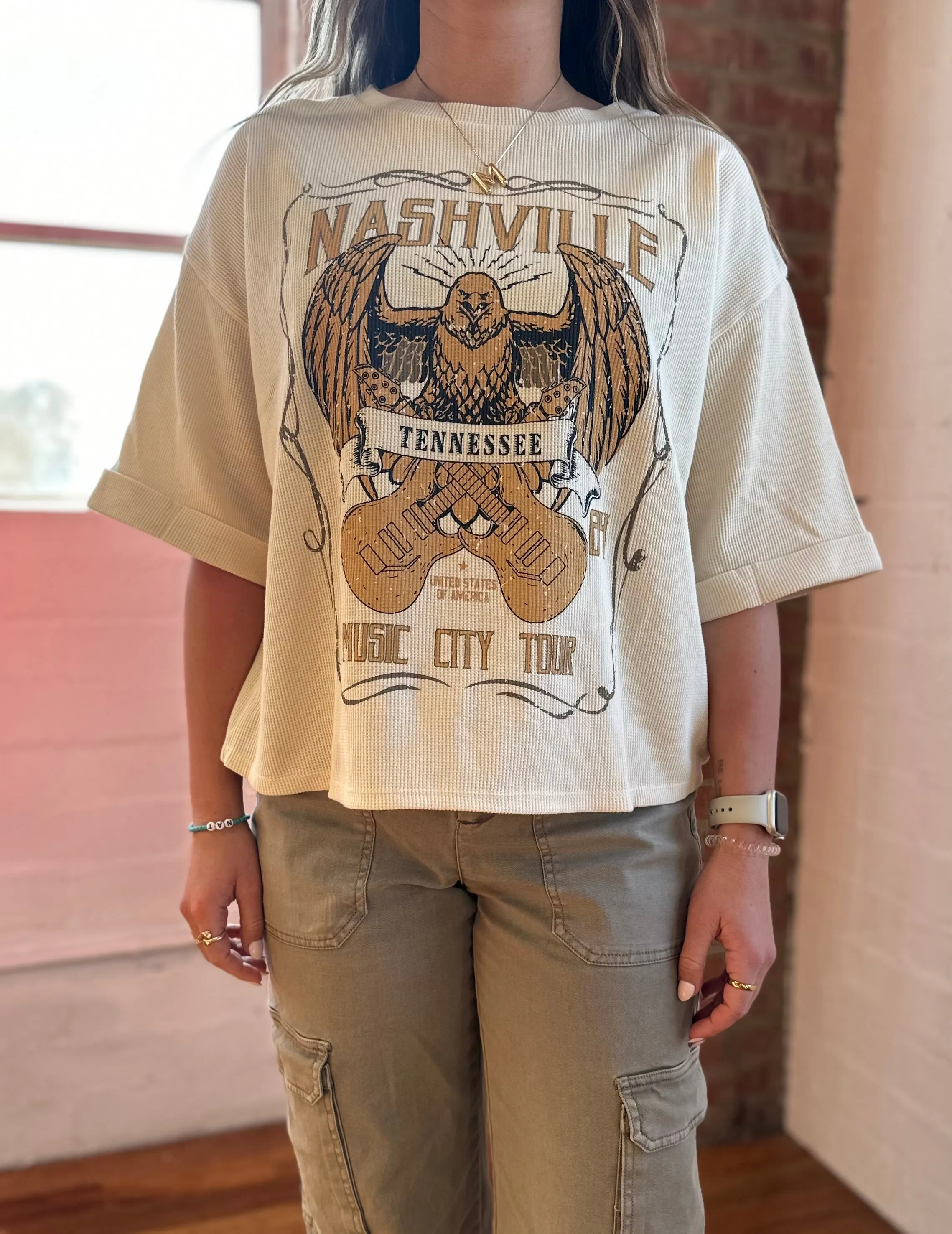 Nashville Music City Tour Waffle Knit Graphic Top