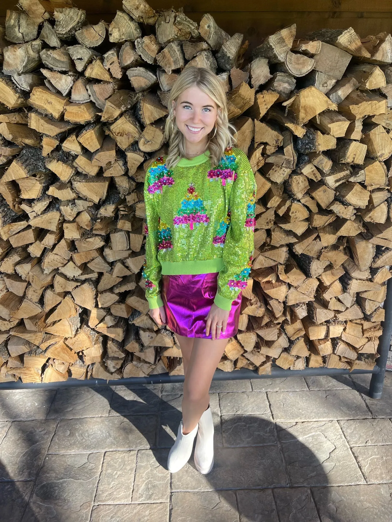 NEON GREEN SEQUIN TREE SWEATER