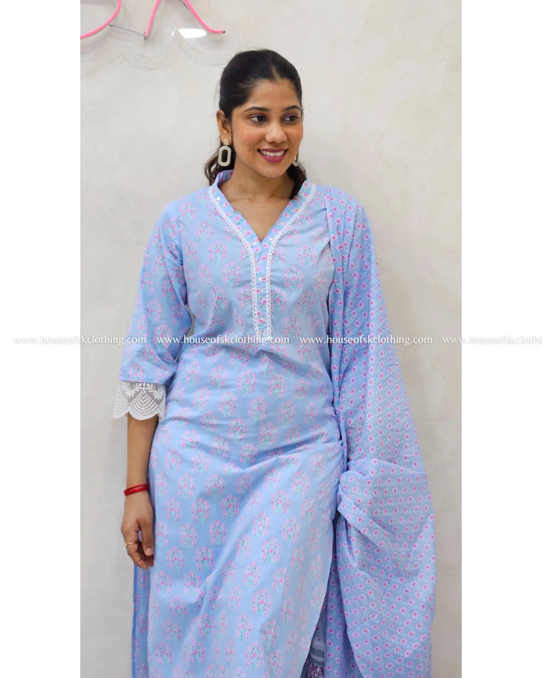 Powder Blue Floral Cotton Kurta Set