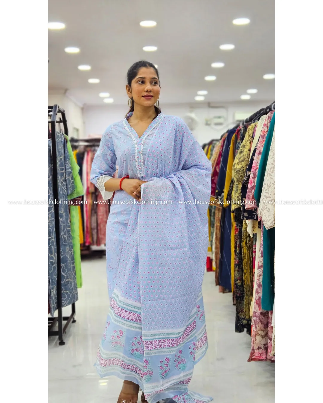 Powder Blue Floral Cotton Kurta Set