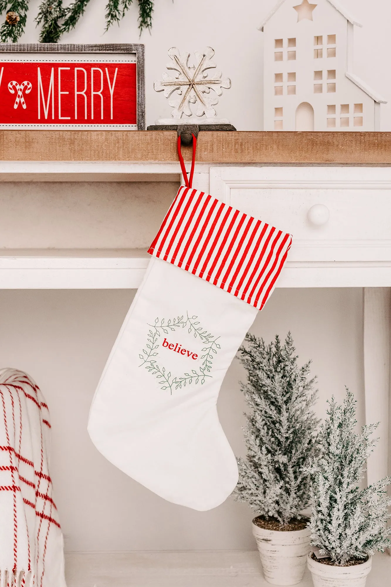 "Joy, Hope, Believe" Canvas Stocking Set (White/Red)