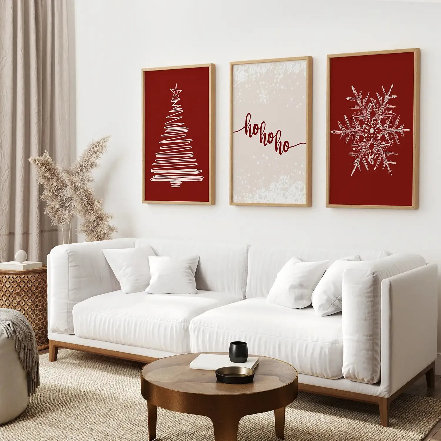 Red Christmas Set Xmas Tree Snowflake Art Poster