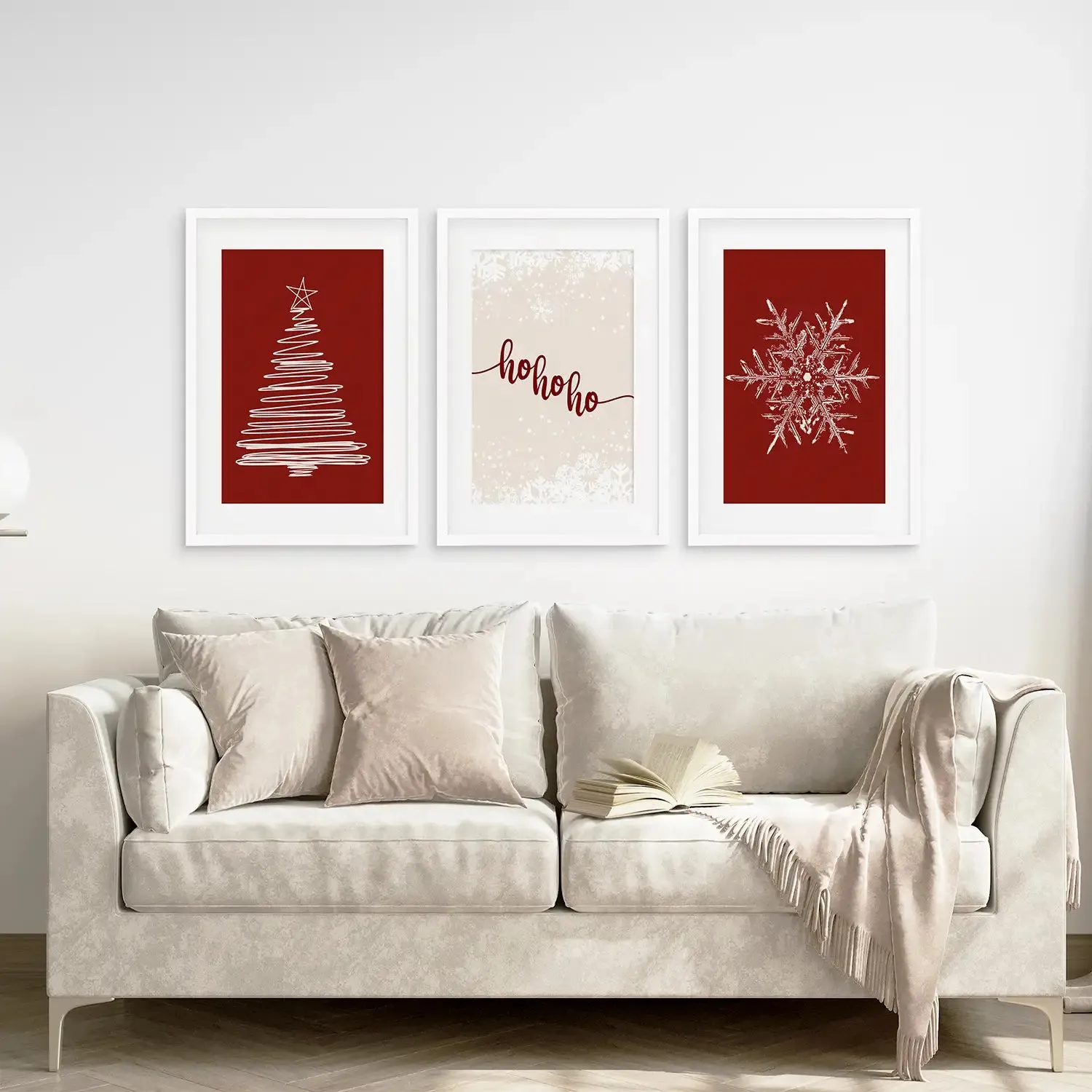 Red Christmas Set Xmas Tree Snowflake Art Poster