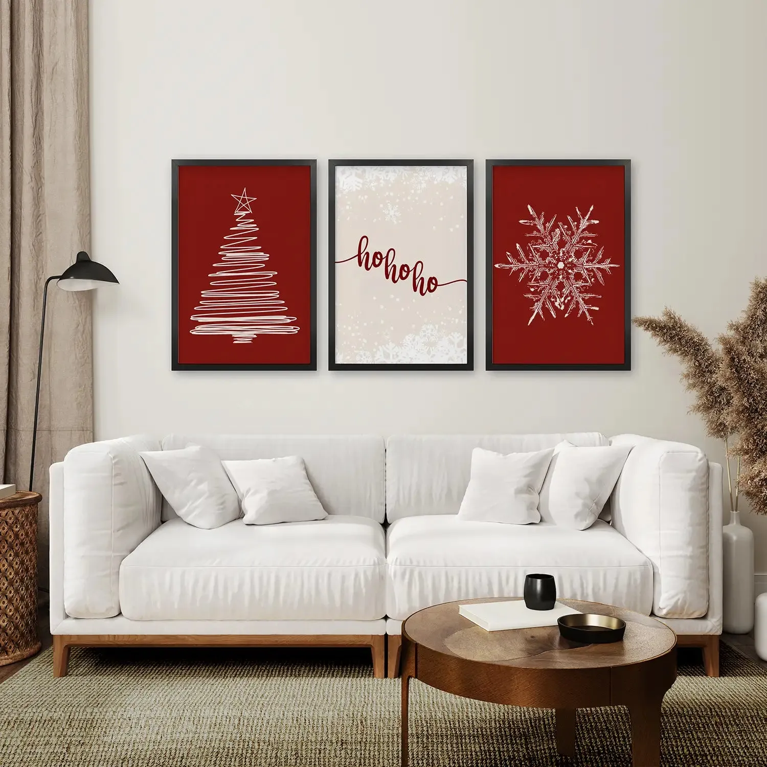 Red Christmas Set Xmas Tree Snowflake Art Poster