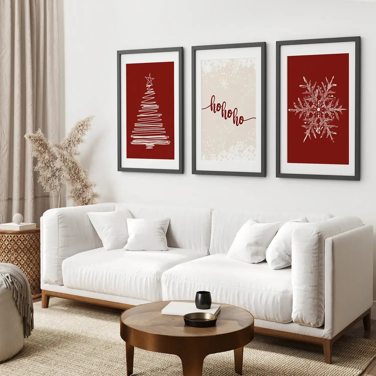 Red Christmas Set Xmas Tree Snowflake Art Poster