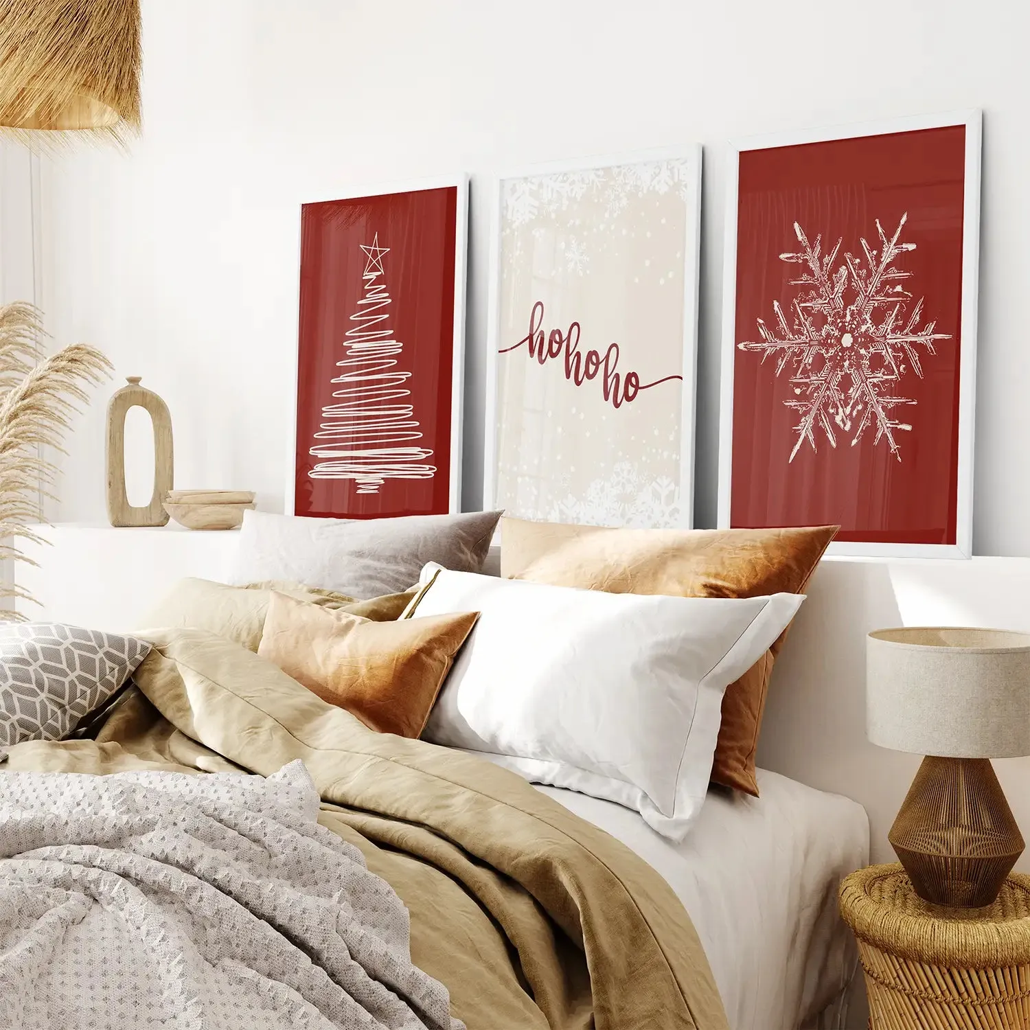 Red Christmas Set Xmas Tree Snowflake Art Poster