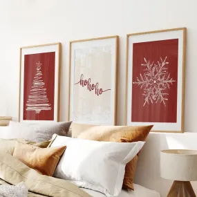 Red Christmas Set Xmas Tree Snowflake Art Poster