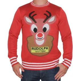 Red Christmas Sweater with Mounted Rudolph Bad Sweater