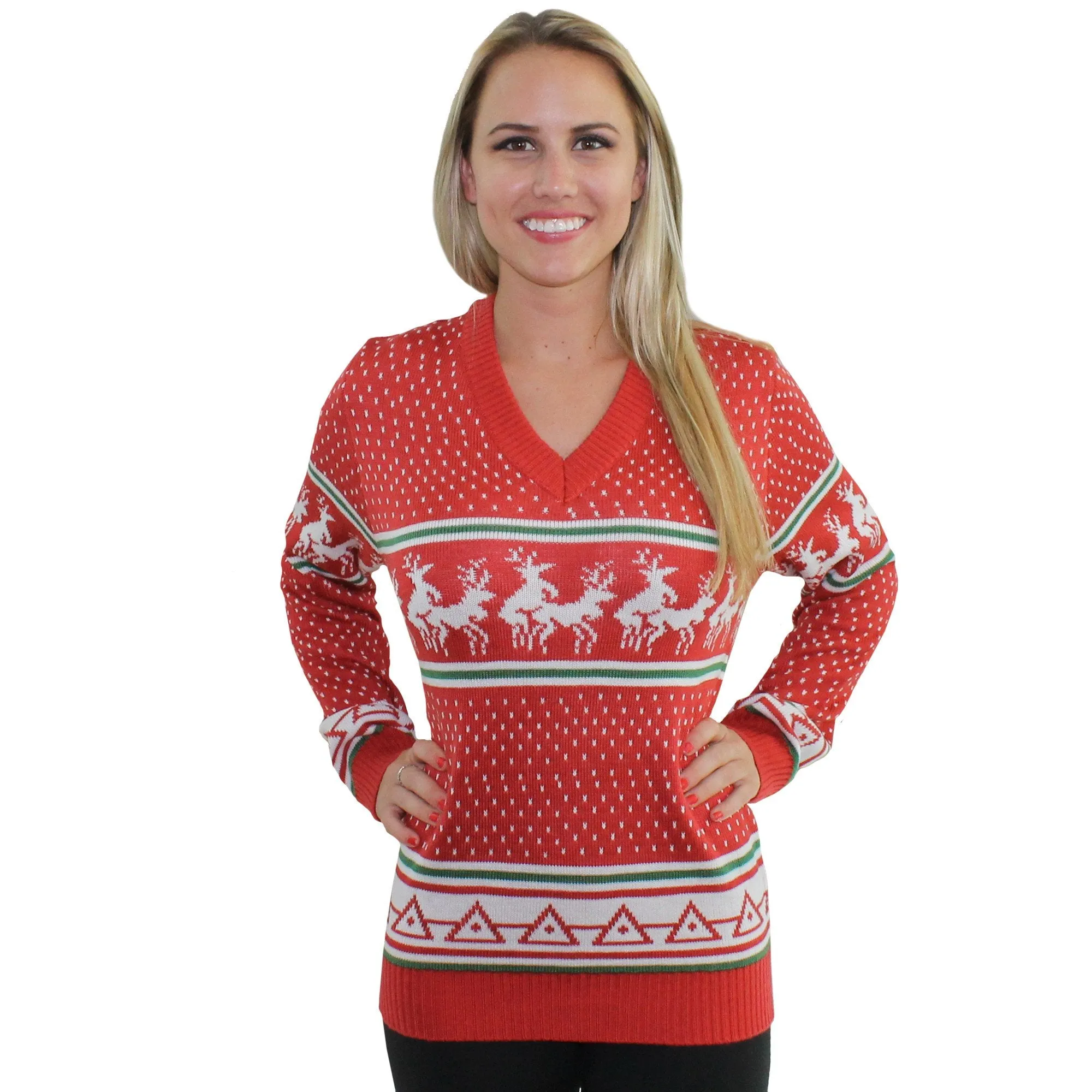 Reindeer Conga Line V-Neck Ugly Christmas Sweater Jumpers