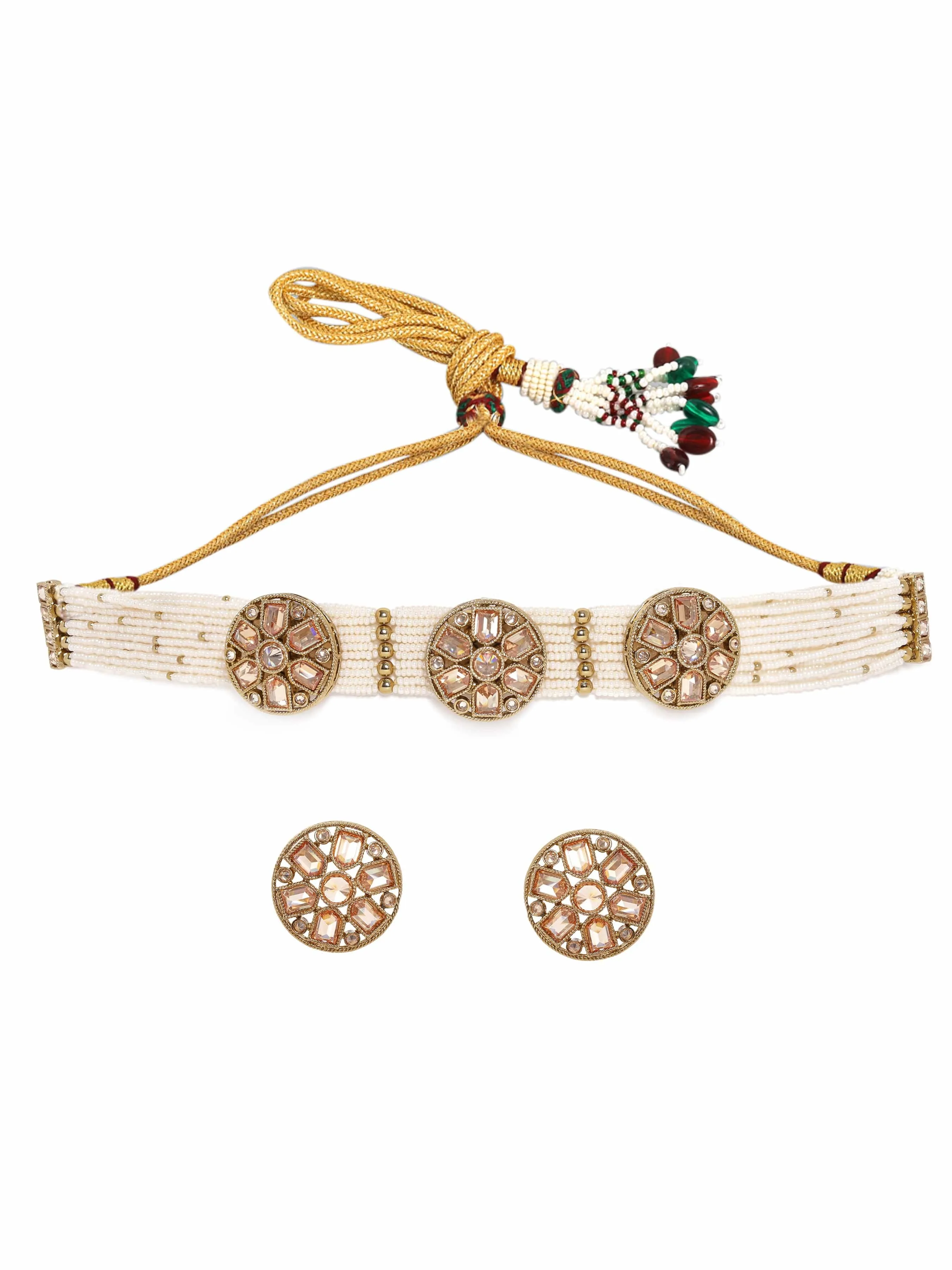 Rubans 22k Mehndi Gold Plated Dazzling Reverse AD Cream Pearl Beaded Choker necklace set