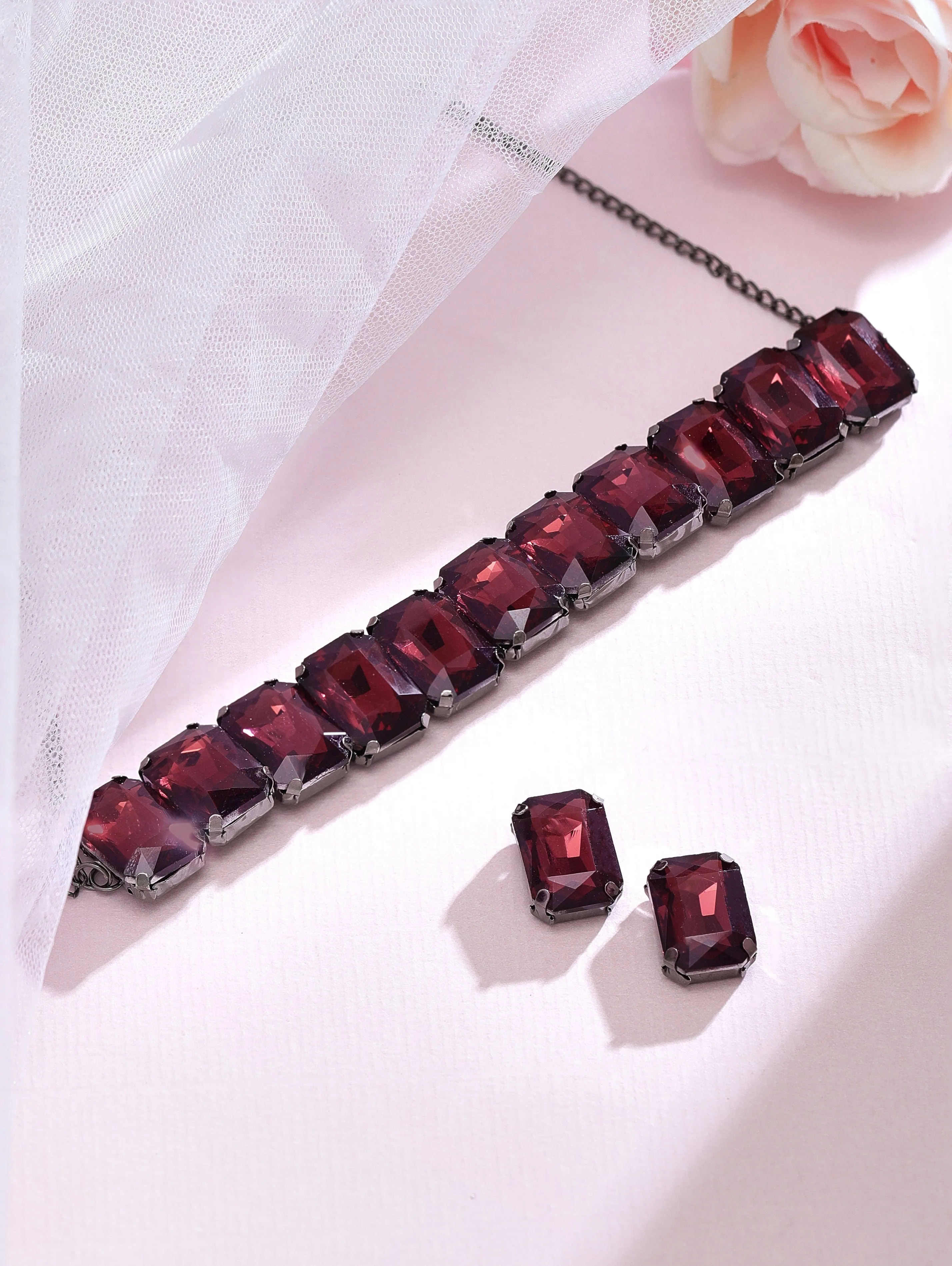 Rubans Black & Maroon Stone Studded Jewellery Set