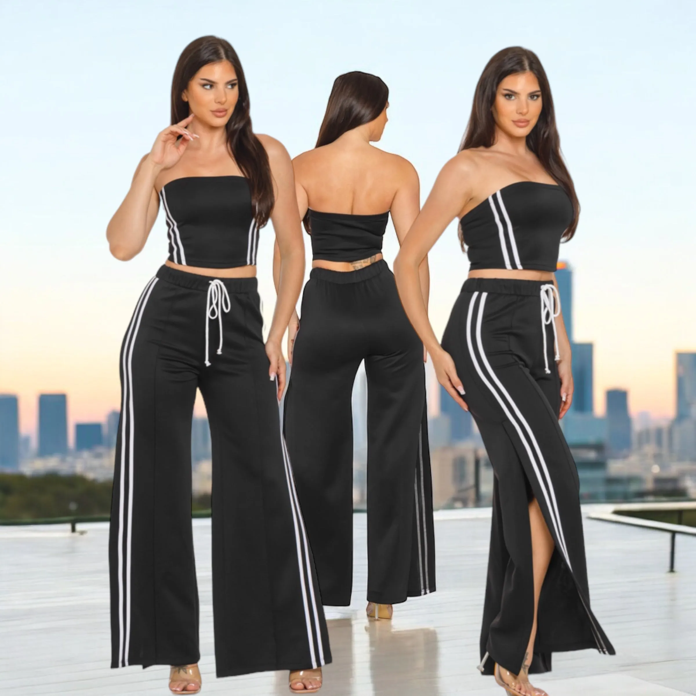 Side Two Stripes Tube Top And Flare Pants Set ( Black)