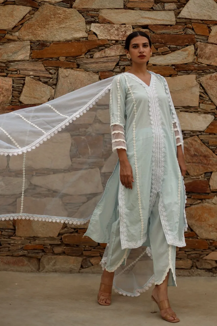 Sky cotton white lace straight set