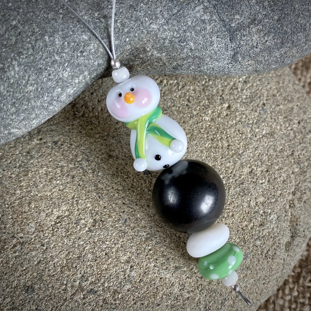 Snowman w/Green Scarf & Rosy Cheeks, Genuine Shungite Ornament