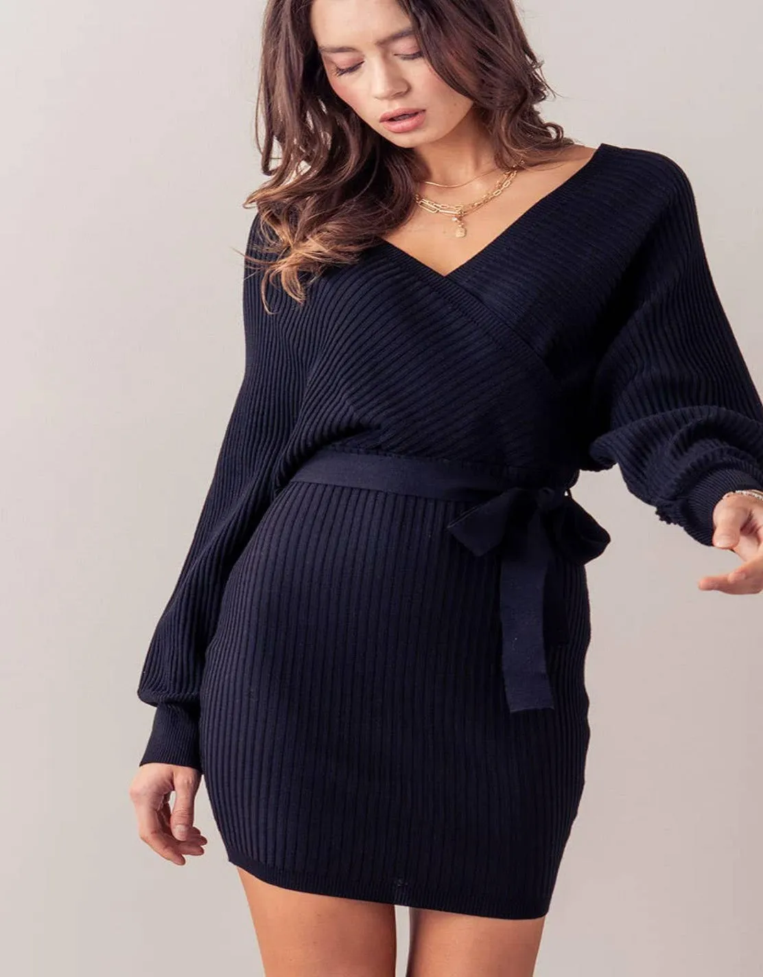 SOLID LONG SLEEVE WRAP DRESS