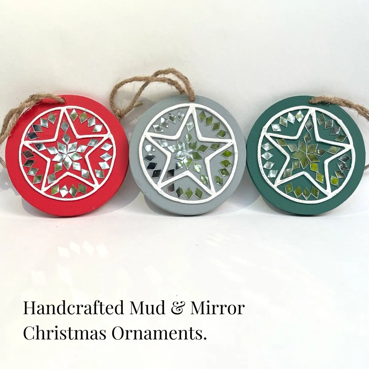 Starry Sparkle Handcrafted Mud & Mirror Lippan Christmas Tree Ornaments (Set of 3)