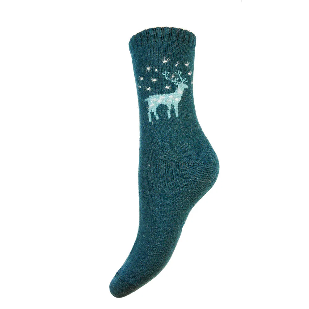 Teal Wool Blend Socks with Reindeer