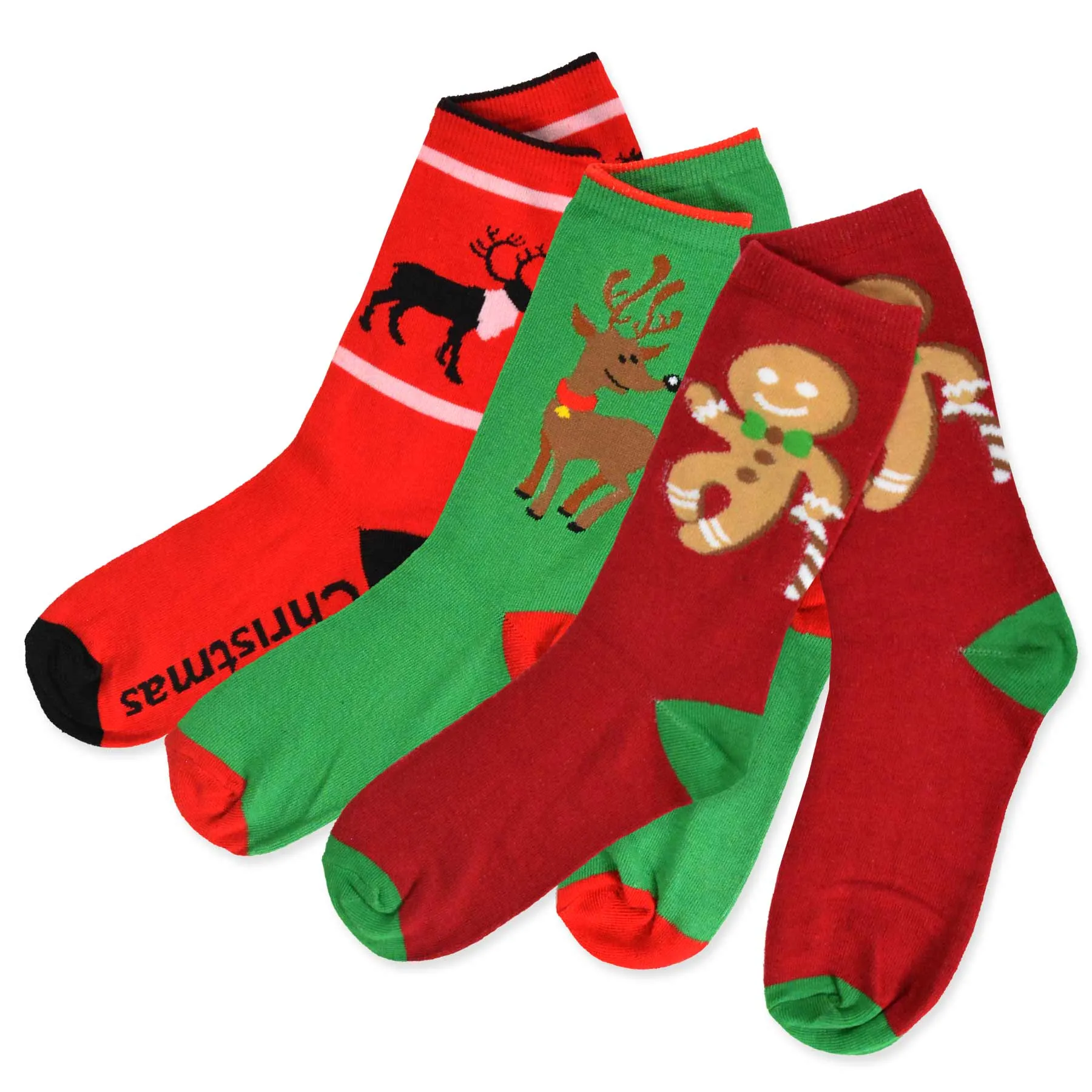 TeeHee Socks Women's Christmas Polyester Crew Reindeer, Gingerbread 3-Pack (11309)