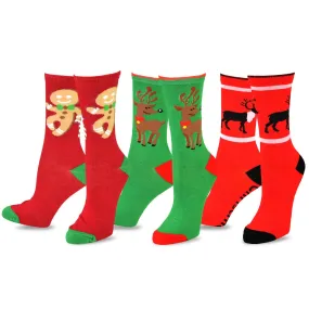 TeeHee Socks Women's Christmas Polyester Crew Reindeer, Gingerbread 3-Pack (11309)