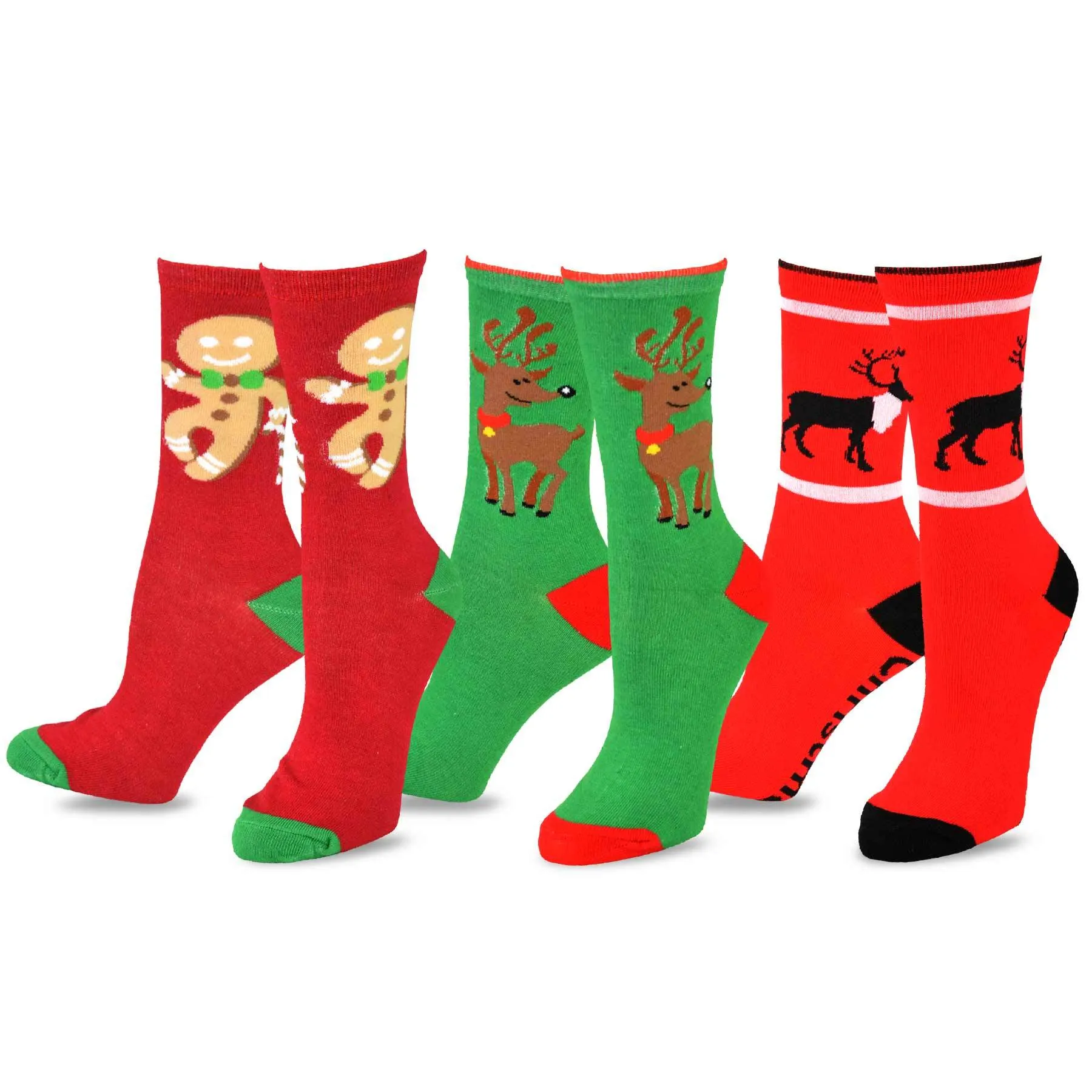 TeeHee Socks Women's Christmas Polyester Crew Reindeer, Gingerbread 3-Pack (11309)