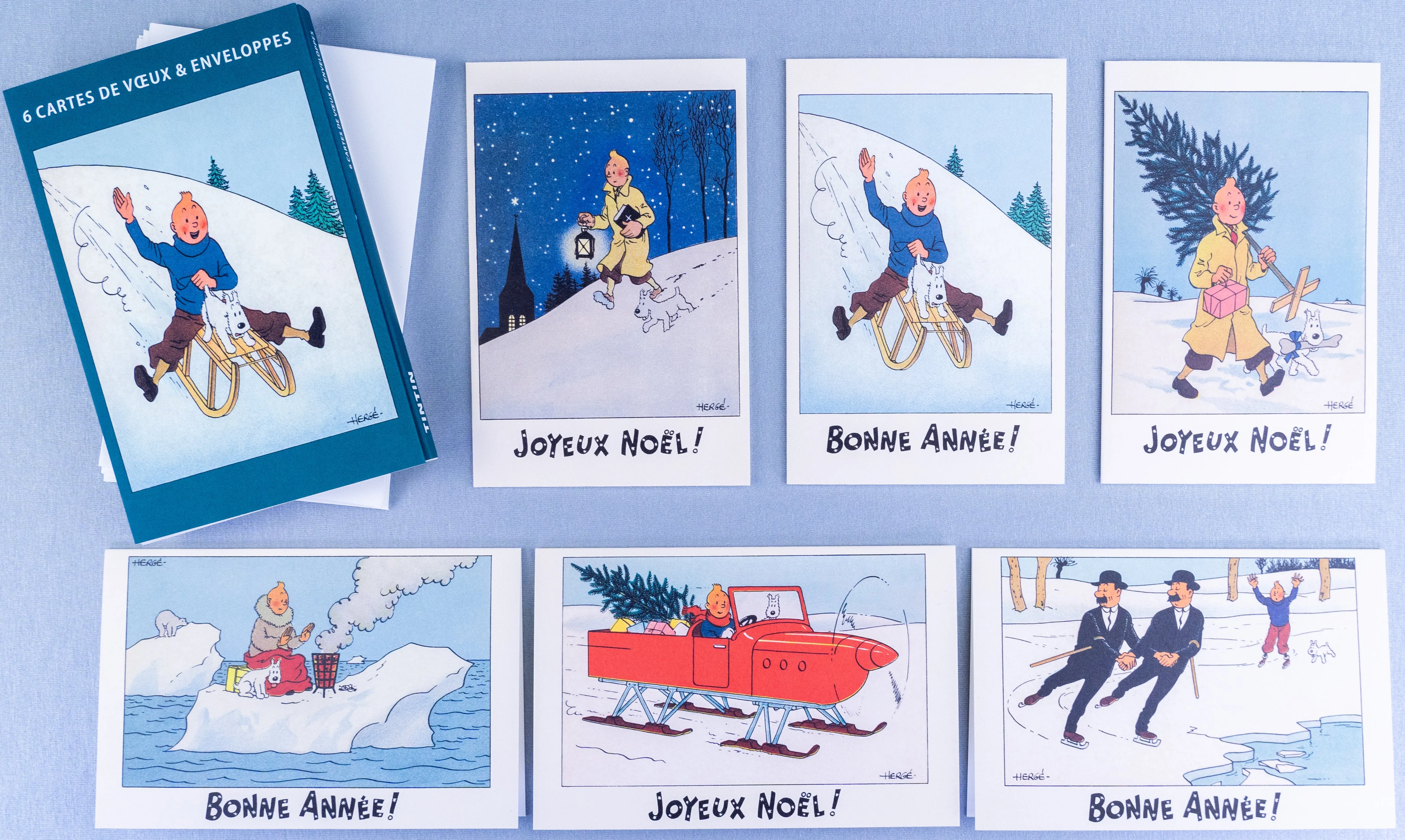 Tintin Christmas Greeting Cards: Blue Set of 6 Moulinsart Herge Xmas Gifts