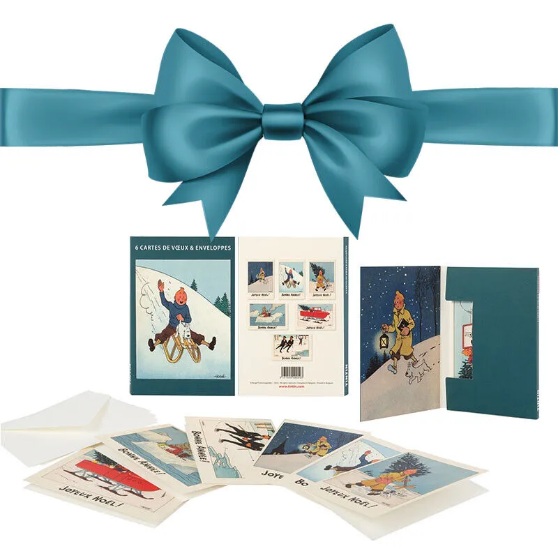 Tintin Christmas Greeting Cards: Blue Set of 6 Moulinsart Herge Xmas Gifts