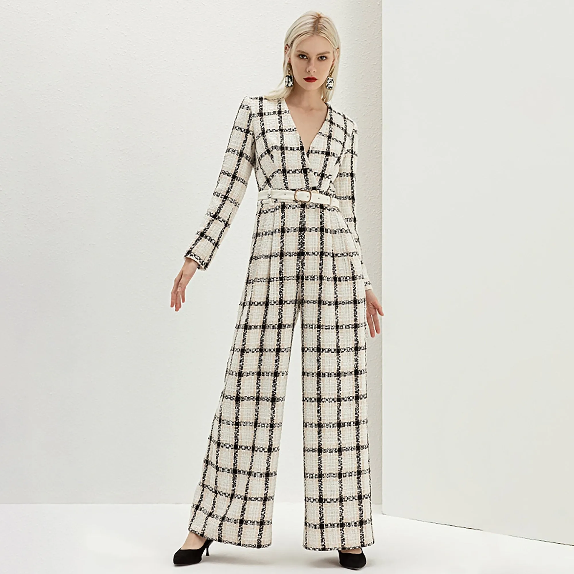 Tweed Plaid V-Neck Belted Wide Leg Jumpsuit