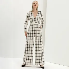 Tweed Plaid V-Neck Belted Wide Leg Jumpsuit