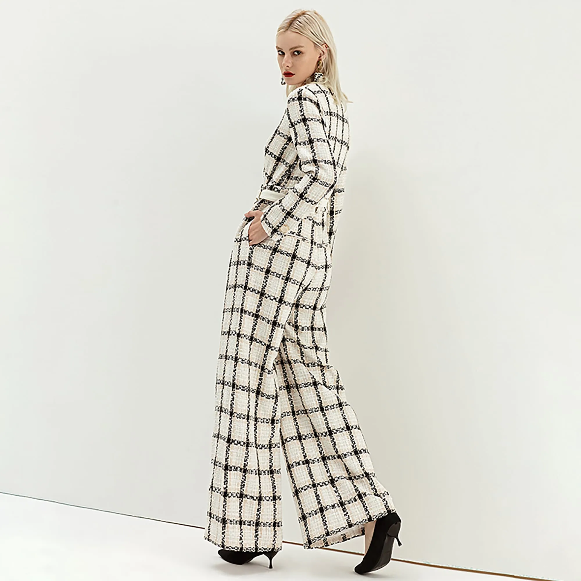 Tweed Plaid V-Neck Belted Wide Leg Jumpsuit