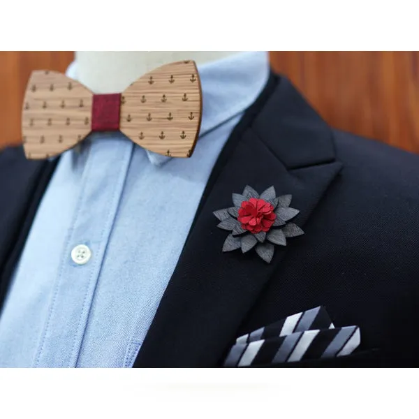 Vintage Wood & Red Flower Lapel