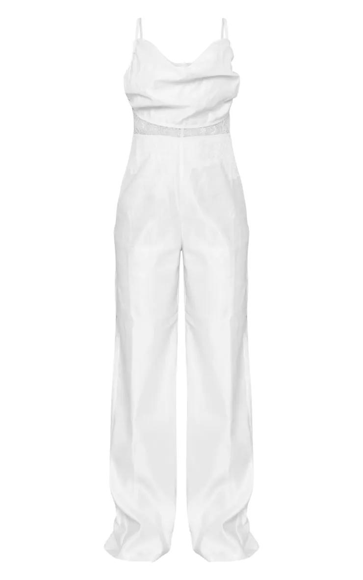 white satin cowl lace insert strappy jumpsuit